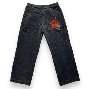 RARE Vintage Y2K JNCO Jeans Flaming Skull 36 x 32 Black Wide Grunge Fire 90s